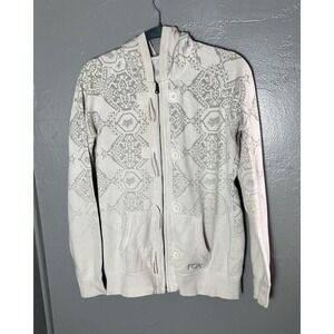 Fox Racing Women's Full Zip Hoodie Y2k All Over Print Size L Ivory
